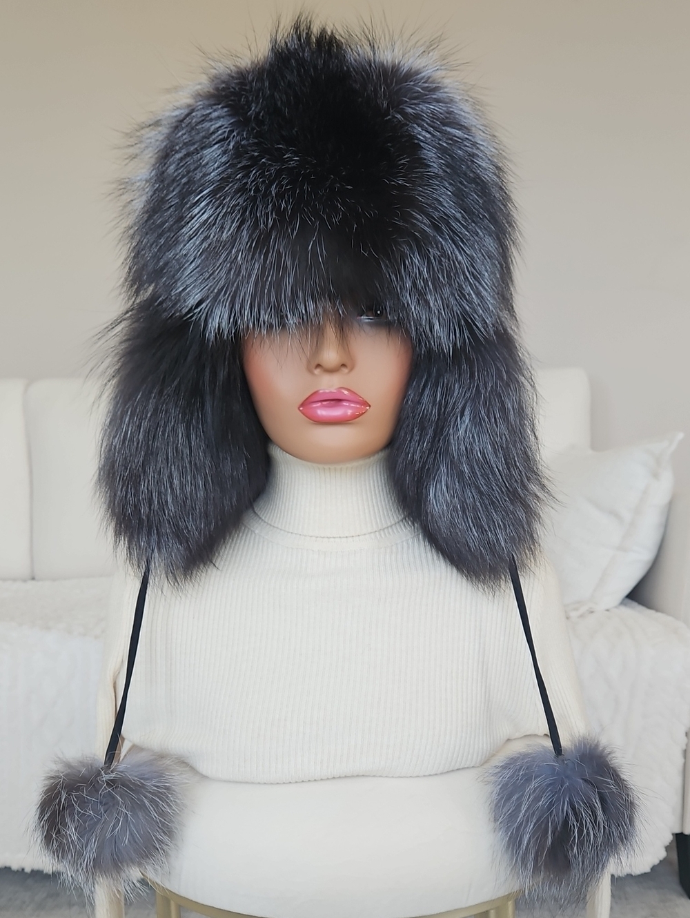 Luxurious Real Silver Fox Fur Ushanka Trapper Hat